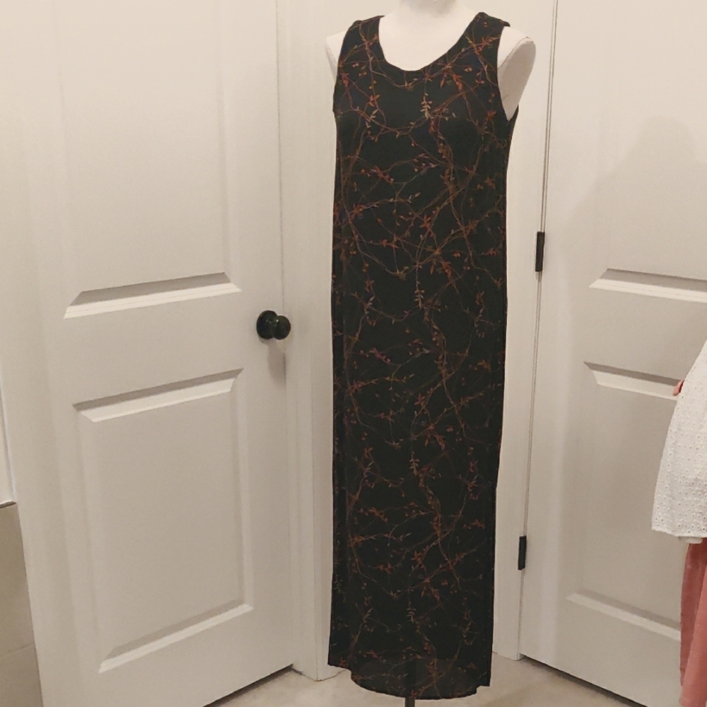 Vintage Retro 111 State Brown and Black Silk Maxi Dress Sleeveless Scoop Neck XS